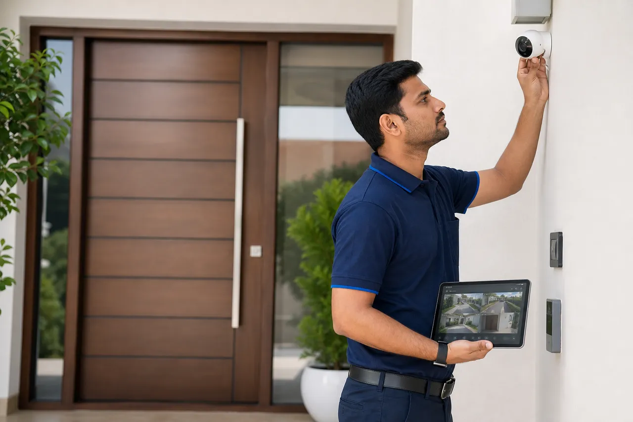 Security technician installing a camera at a residential property