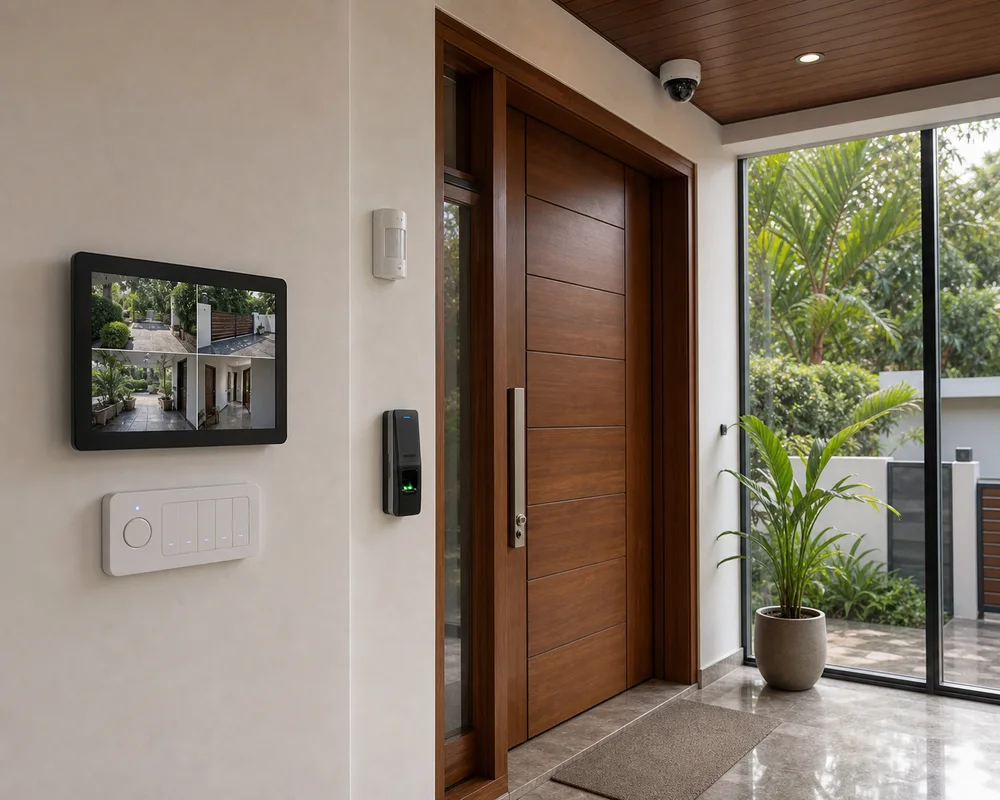 Smart home entrance with CCTV camera, biometric access reader, and security controls